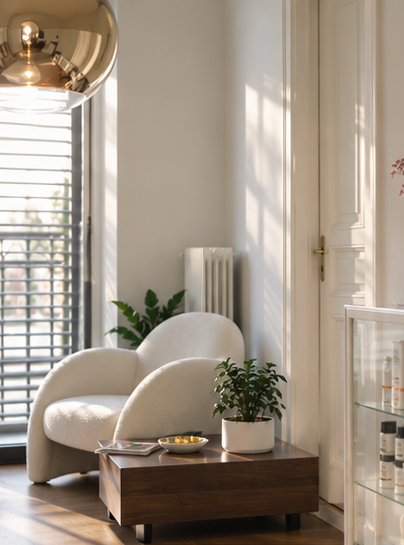 Sunlit lounge corner of the Zürich clinic with a bouclé armchair and plants