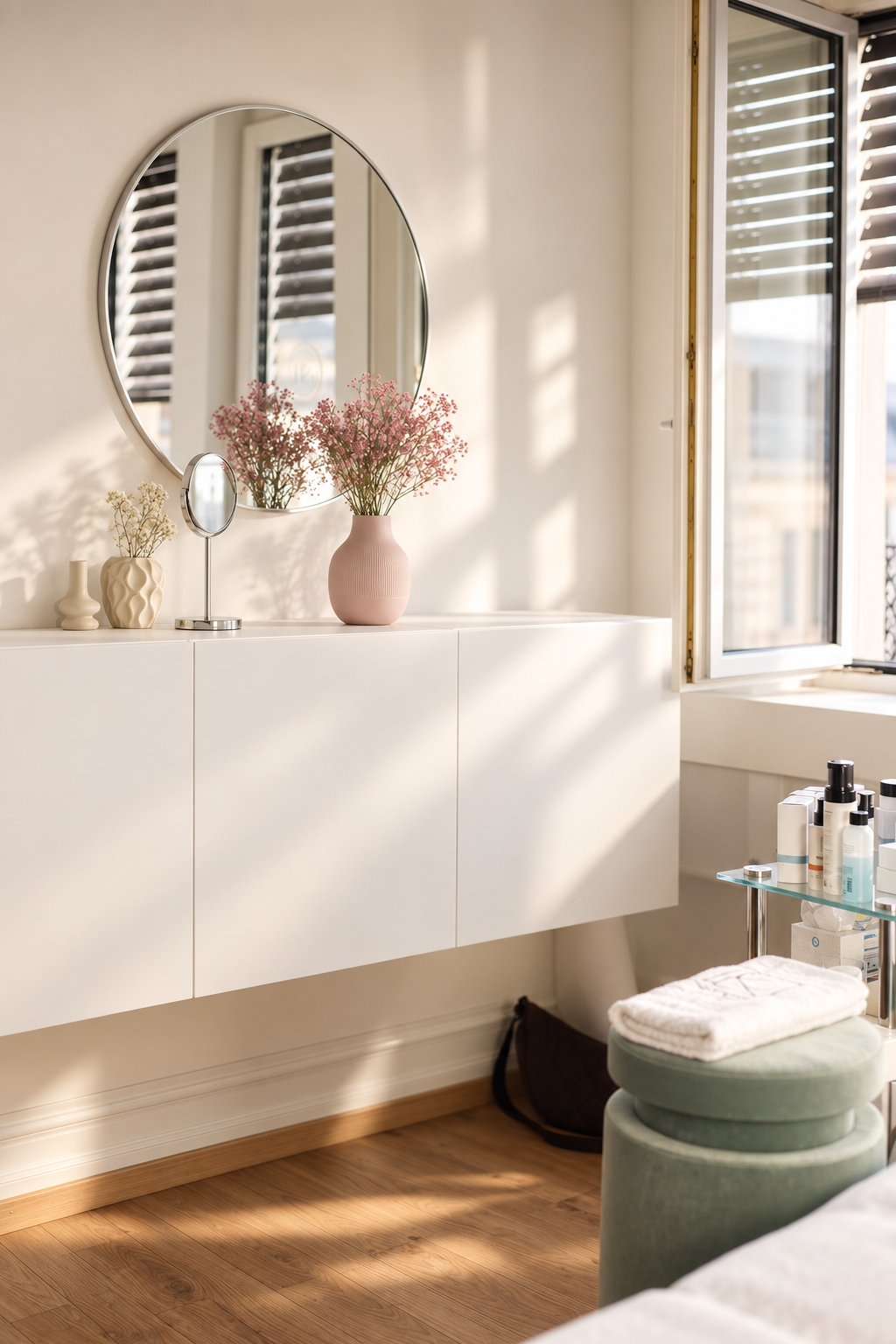Treatment room vanity with a round mirror, pink blossoms and skincare products